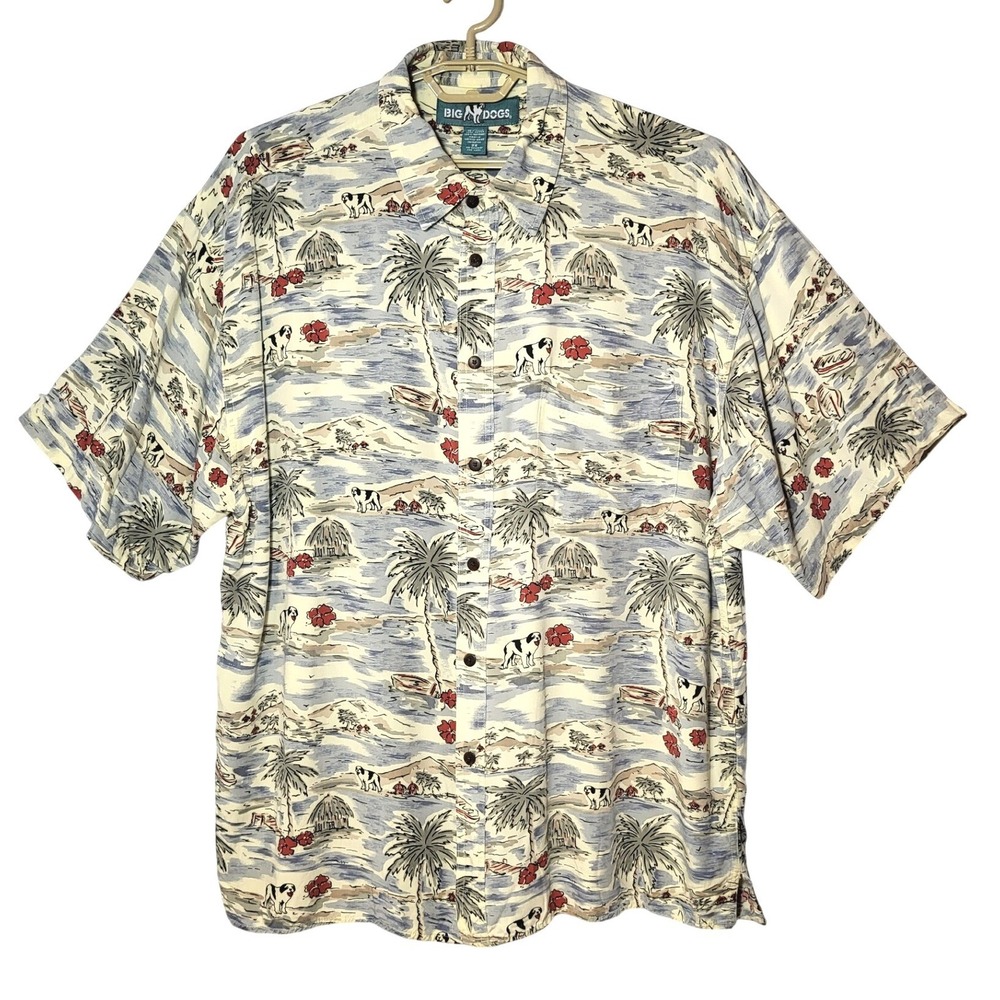 Big Dogs Mens 2X Hawaiian Shirt Rayon Tropical Island Dog Print Short Sleeve